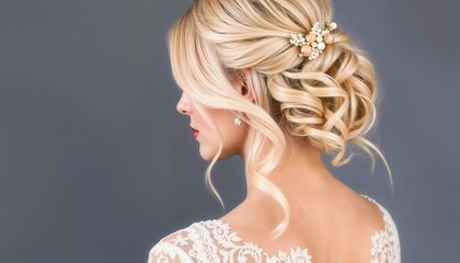 Close-up, rear view studio shot of a young woman with shoulder-length, light blonde hair styled in an elegant updo. The hairstyle features a voluminous low bun with loose
