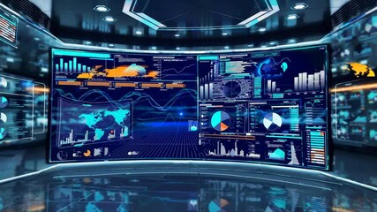 Multiple digital screens displaying complex data visualization, world map, statistical charts, graphs in futuristic technological command center with blue holographic interface. Seamless loop. - Powered by Adobe