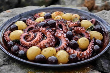 Octopus salad with olives and potatoes overhead view Seafood dish