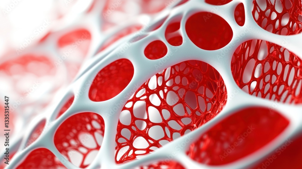 Poster abstract red and white network structure: a 3d render of interconnected nodes and filaments