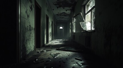 Fototapeta premium Abandoned Corridor with Broken Windows and Peeling Walls Eerie Atmosphere for Horror Mystery