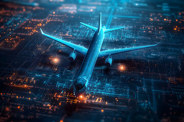 Futuristic digital representation of air traffic control with glowing blue circuits, airplanes, and airport infrastructure, symbolizing aviation technology and global connectivity