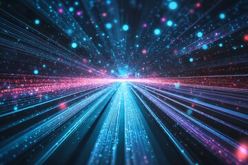 High-speed data transfer concept background with blue and purple light trails moving rapidly in the dark, a digital technology and internet design illustration of a futuristic highway road or tunnel t