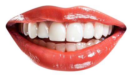 Perfect smile showing white teeth with red lipstick on transparent background