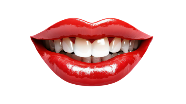 Sexy red lips showing white teeth on transparent background
