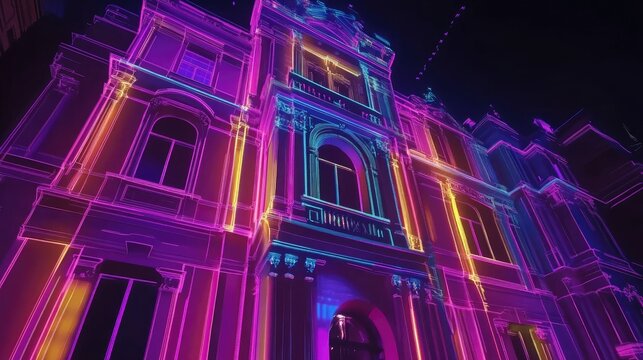 Vibrant Digital Light Display on Historic Building at Night with Colorful Neon Patterns and Artistic Projection Effects