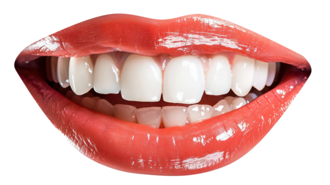Perfect smile showing white teeth with red lipstick on transparent background