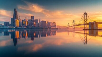 Fototapeta premium A beautiful city skyline with a large bridge at sunrise