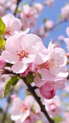 Obraz premium Nahaufnahme von zarten Apfelblüten in Weiß und Rosa an einem Ast. Ideal für Frühlingsdesigns und botanische Hintergründe