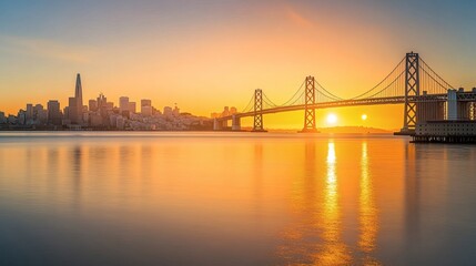 Obraz premium A beautiful sunrise over a city skyline and suspension bridge