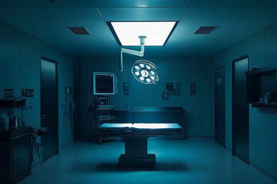 Empty operating room at night.  Modern, sterile surgical suite.  Dim teal lighting highlighting surgical table