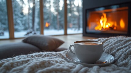 Cozy Living Room with Fireplace and Warm Coffee Cup on Blanket