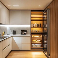 A modern kitchen showcasing cabinetry a built in storage solution
