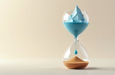 Hourglass with blue water, iceberg melts like time runs out. Creative concept of global warming, climate change and save our planet. Symbol of environmental disaster.