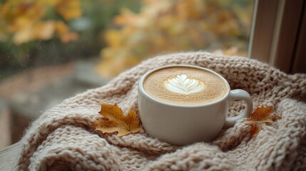 Cozy Autumn Coffee Setup with Pumpkin Spice and Charming Leaves