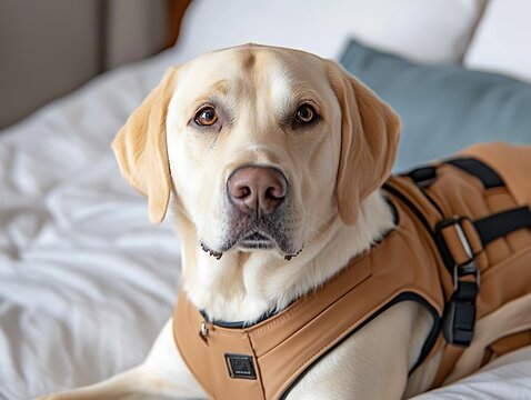 A light golden retriever dog wearing a harness looks forward