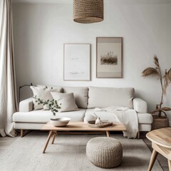 A stylish living room with neutral decor and natural elements