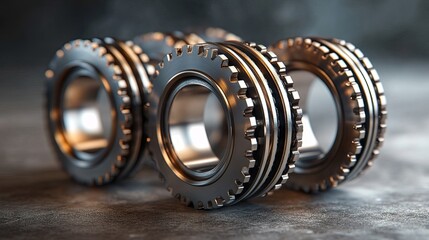 A collection of deep groove ball and roller bearings placed on a gray background with a soft focus. Close-up of axial chrome-plated round bearings designed for heavy machinery and mechanical engineeri