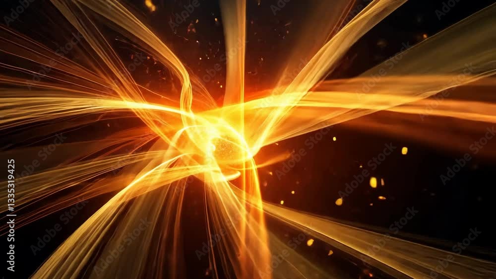 Poster vibrant abstract digital artwork featuring swirling orange and yellow light trails converging centra
