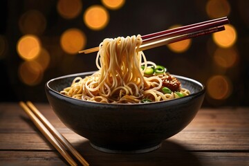 Delicious Asian Noodles Lifted with Chopsticks in a Flavorful Sauce – Perfect Food Photography