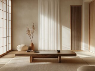 Modern minimalist living room with wooden table and decorative elements