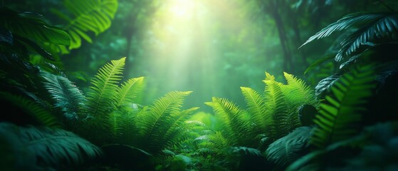 Obraz premium Lush Green Jungle Canopy With Vibrant Foliage and Sunlight Rays