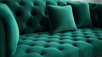 Obraz premium A plush vintage sofa in green velvet featuring a quilted seat and a back with stitched cushions. This stylish piece of furniture is upholstered in emerald-colored fabric, captured in close-up