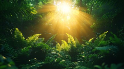 Obraz premium Sunlight Peeking Through Vibrant Jungle Canopy in Lush Green Jungle