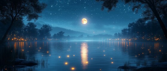 Serene Full Moon Reflecting on Calm Lake Surrounded by Nature