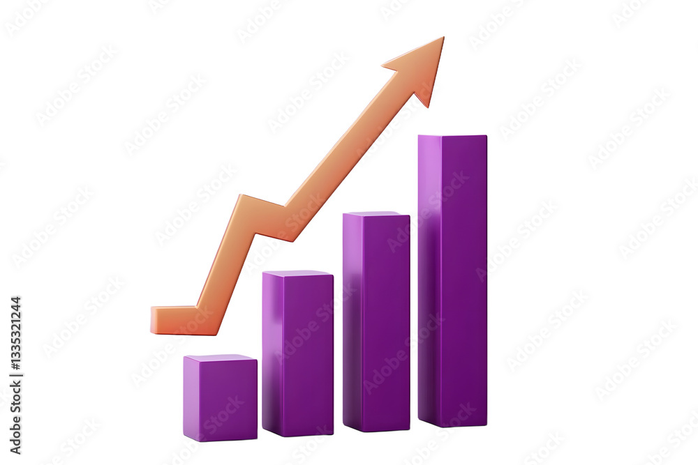 Poster 3d bar chart with arrow rising icon on isolated purple background. soaring finances, strengthening c