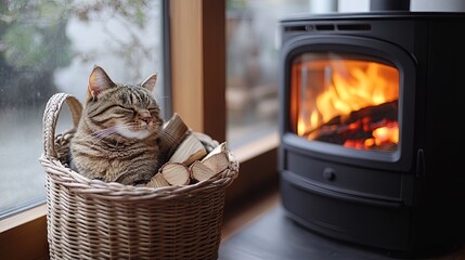 A wicker basket filled with firewood sits beside a roaring fireplace. A wood stove with a metal body and glass door adds warmth to a cozy home interior