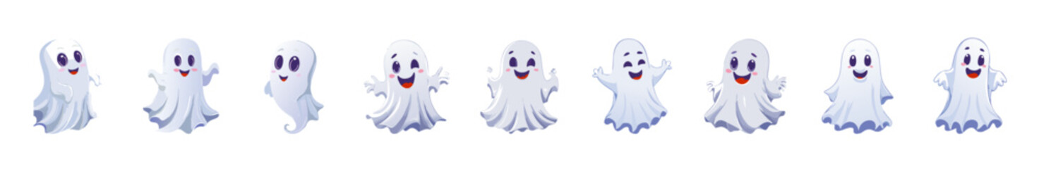 Cute cartoon ghost with different facial expressions on white background, White ghost set