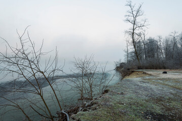 a winter foggy sunrise along the Ticino riverbank, Besate, Milano province