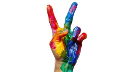 Hand showing peace sign with colorful paint on transparent background