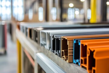 Colorful profiles on a work surface in a factory.  Various colored metal or plastic extrusion profiles are arranged in rows on a table