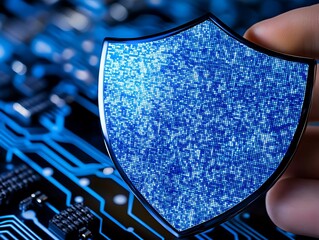 A glowing shield held over circuit boards indicating security protection