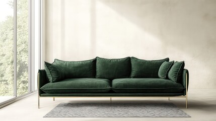 A modern living room featuring a deep forest green fabric three-seater sofa with golden metal legs, set against a soft cream-colored wall