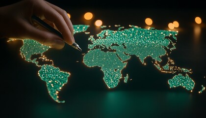 A hand holding pen over illuminated world map at night