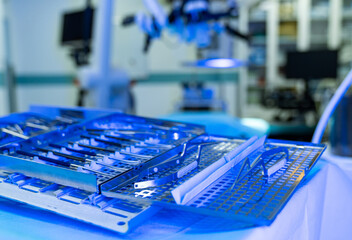 Neurosurgery tools. A set of surgical instruments displayed in a neurosurgery operating room, ready...
