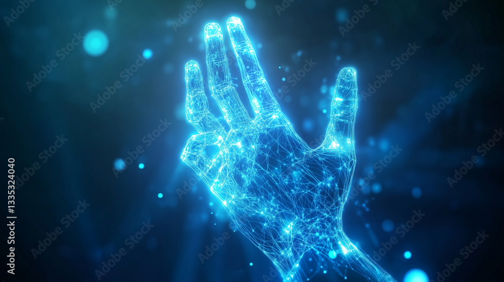 Poster cybernetic hand connecting to the digital future â a glowing blue robotic hand extends into the vi