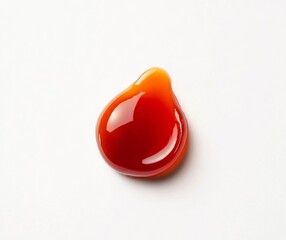 Single drop of amber liquid on white surface