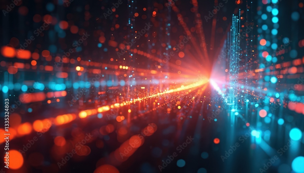 Leinwandbilder Streaks of red, blue lights over dark backdrop. Abstract tech background with data flow. Digital network connection, vibrant, dynamic motion, speed, energy, movement, progress, innovation, growth,