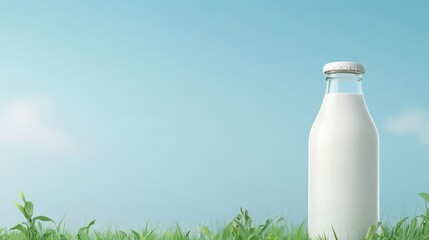 Fresh Milk Bottle in Green Grass Under Bright Blue Sky