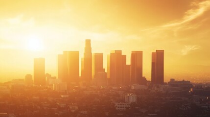 Fototapeta premium A golden cityscape silhouetted against the warm sunny sky
