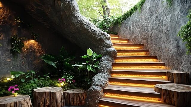 Serene indoor garden with illuminated stone staircase and lush greenery