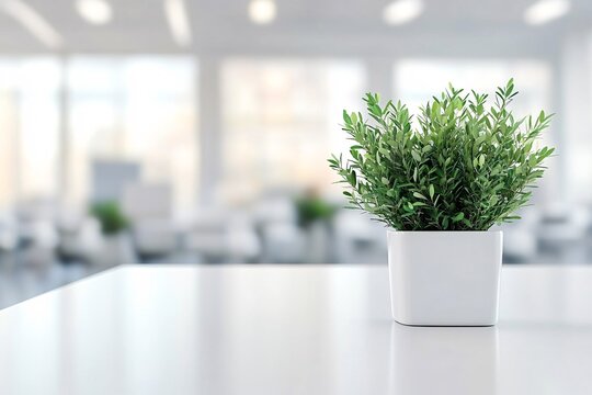 Small succulent plant in a gray pot on a wooden table in a  office