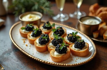 Exquisite black caviar served on golden rimmed white plate toasts. Champagne glasses, creamy sauce enhance gourmet dining experience. Luxury appetizers, elegant presentation, perfect for celebration,