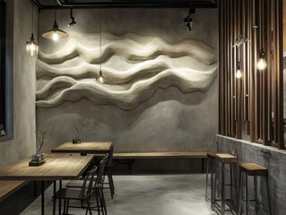 A modern interior restaurant dining area with decorative wall art
