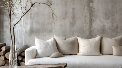 Comfortable sofa with neutral tones, perfect for a calm, relaxing vibe.