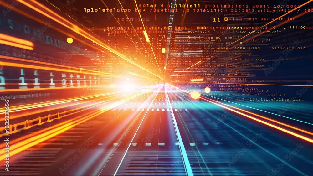 Poster fast-paced digital code stream. blurred lines of data flow